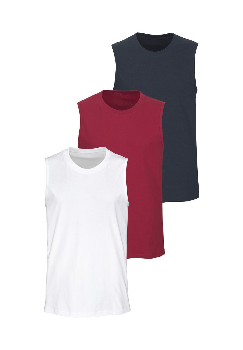 Tre magliette senza maniche in bianco, bordeaux e blu navy, con scollo rotondo e tessuto in cotone morbido. Design semplice, senza pattern.