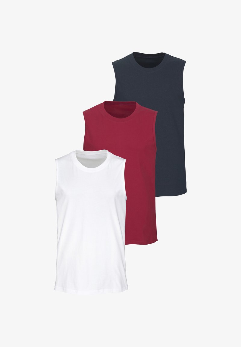 Trois débardeurs sans manches en blanc, bordeaux et bleu marine, dotés d'un col rond et d'un tissu en coton doux. Design simple, sans motifs.