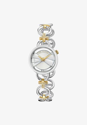 Kerek ezüst óra texturált fehér számlappal, arany mutatókkal és láncszemes karkötővel, amely kerek ezüst és arany díszeket tartalmaz.