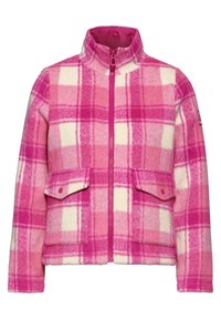 Veste en polaire rose avec un motif à carreaux dans différentes nuances de rose et de crème, fermeture éclair à l'avant, col haut et deux poches avant.
