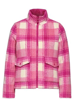 Roze fleece jack met een geruit patroon in verschillende tinten roze en crème, rits aan de voorkant, hoge kraag en twee voorzakken.