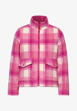 Giacca in pile rosa con motivo a quadri in diverse tonalità di rosa e crema, con zip frontale, colletto alto e due tasche anteriori.