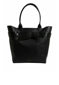 Sac fourre-tout noir fabriqué en matériau synthétique lisse, présentant un accent nœud avec un motif croco texturé et deux poignées robustes.