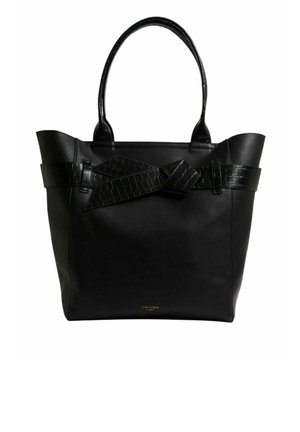 Sac fourre-tout noir fabriqué en matériau synthétique lisse, présentant un accent nœud avec un motif croco texturé et deux poignées robustes.