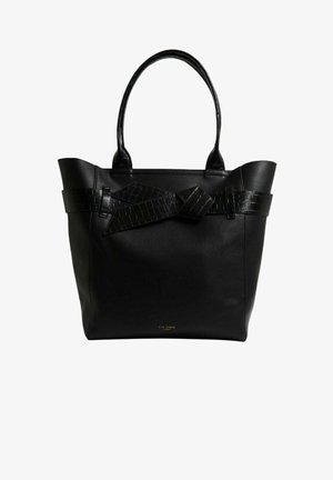 Sac fourre-tout noir fabriqué en matériau synthétique lisse, présentant un accent nœud avec un motif croco texturé et deux poignées robustes.