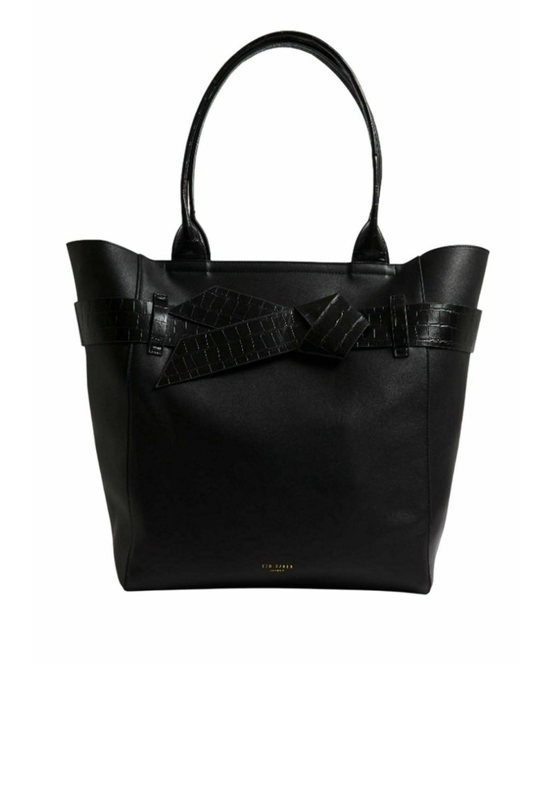 Sac fourre-tout noir fabriqué en matériau synthétique lisse, présentant un accent nœud avec un motif croco texturé et deux poignées robustes.