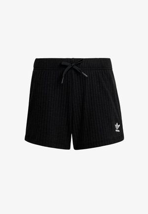 Shorts noirs côtelés en tissu doux, avec une taille élastique dotée d'un cordon de serrage et un petit logo Adidas blanc sur l'ourlet.