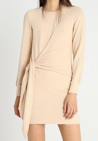 Robe beige à manches longues avec un design enroulé et un nœud sur le côté ; texture douce, silhouette ajustée et longueur au-dessus du genou.