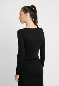 Top de manga longa preto com nervuras, gola redonda, textura suave, design ajustado e ligeiro afunilamento na cintura, apresentado de costas.