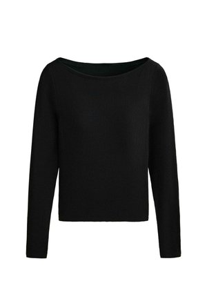 Zwart geribd gebreid top met lange mouwen, een brede, ronde halslijn en een aansluitend, lichtelijk cropped silhouet.
