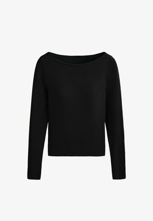 Top negru cu mâneci lungi, tricotat cu model în dungi, cu un decolteu larg, rotund și o siluetă mulată, ușor scurtată.