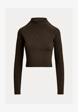 Maglia marrone a maniche lunghe con collo alto e cerniera a un quarto. Presenta un design aderente e il logo "POLO" in un colore a contrasto sul davanti.