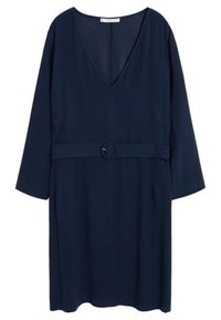 Merenneidon sininen mekko, jossa on V-pääntie, pitkät hihat, vyödetalji, jossa on pyöreä solki, valmistettu pehmeästä ja sileästä kankaasta, joissa on rento istuvuus.