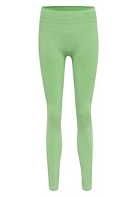 Grüne, dehnbare Fitnessleggings mit glatter Textur. Verfügt über einen hohen Taillenbund und Nahtakzente entlang der Beine für zusätzlichen Designakzent.