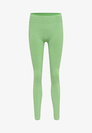 Zielone, elastyczne legginsy fitness o gładkiej fakturze. Posiadają wysoki pasek w talii oraz akcenty szwów wzdłuż nóg, co dodaje szczegółów projektowych.