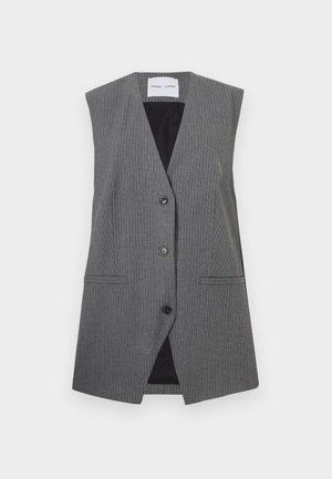 Grått stripete vest med v-hals, uten ermer, to frontlommer og en enkel knappelukking. Innvendig foring er svart.