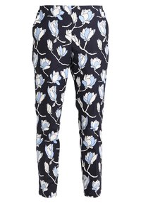 Květinové kalhoty v námořnické barvě s bílými a světle modrými vzory magnólií, zúžený design, lehká tkanina a elastický pas.