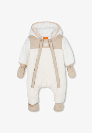 Macacão para neve beige e branco acolchoado, com capuz, punhos elásticos e luvas integradas. Possui um fecho frontal e detalhes em tecido texturizado.