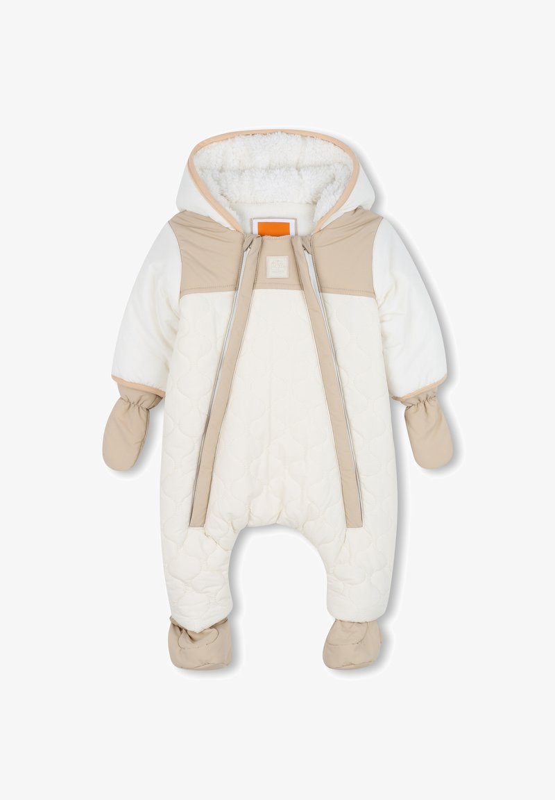 Quilted beige and white snowsuit with a hood, elastic cuffs, and attached mittens. Features a front zipper and textured fabric accents.
