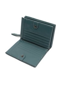Teal leather wallet with multiple card slots and a snap closure. Features smooth texture and contrasting stitching. Opened view shows interior layout.
