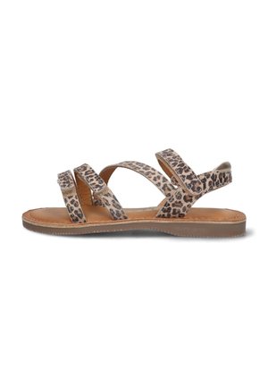 Leopardprint sandaal met meerdere brede stoffen banden, een bruine gevoerde voetbed en een duurzame rubberen zool.