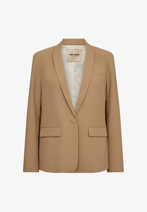 Barna blézer sima anyagból, fodros hajtókával, egyszámos gombbal, két elülső zsebbel és diszkrét logóval.