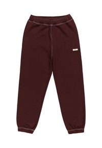 Bordeaux sweatpants met een elastische tailleband, taps toelopende benen, contrasterende stiksels en een klein labelaccent aan de voorkant. Zacht materiaal.