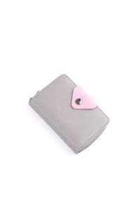 Gray faux leather wallet with pink flap, snap closure, and embossed logo. Compact design with subtle stitching and zipper detail.