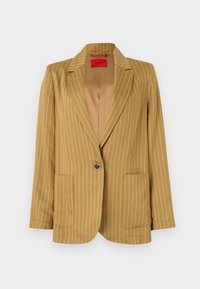 Keltainen pinstripe-mallinen bleiseri, jossa on viisto kaulus, nappikiinnitys, kaksi etutaskua ja sileä pinta. Vuorattu sisäosa.