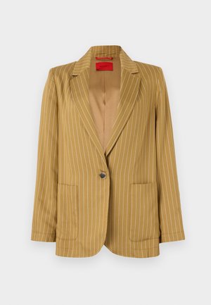 Mosterdgele gestreepte blazer met een geknipt revers, enkele knoopsluiting, twee voorkwakken en een gladde textuur. Voering aan de binnenzijde.