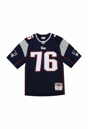 New England Patriots navy blue football jersey with number 76, gray sleeve panels, team logos on sleeves, and NFL logo on collar.