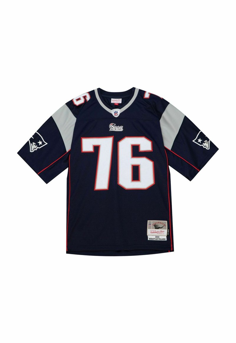 Navyblaues Football-Trikot der New England Patriots mit der Nummer 76, grauen Ärmelpaneelen, Teamlogos auf den Ärmeln und NFL-Logo am Kragen.