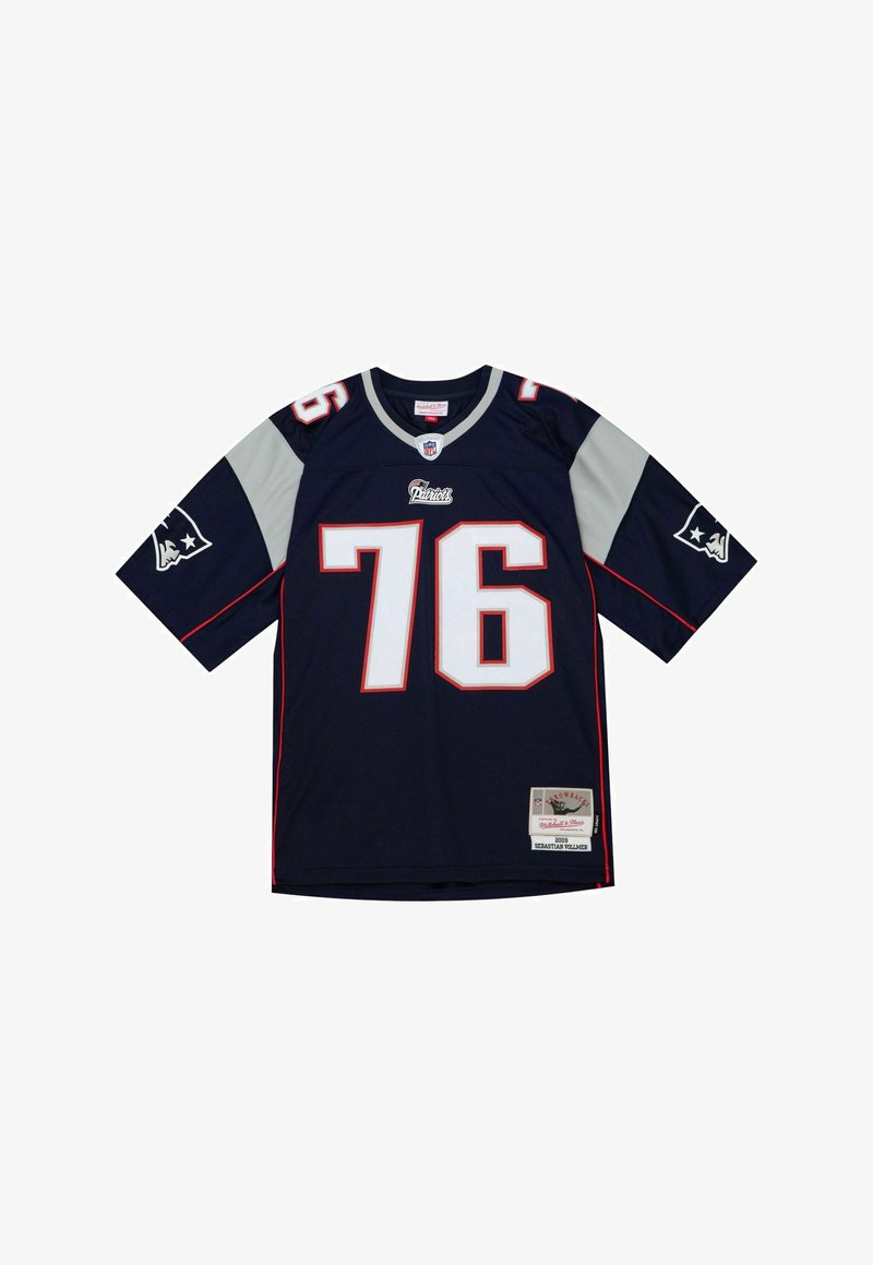 Navyblaues Football-Trikot der New England Patriots mit der Nummer 76, grauen Ärmelpaneelen, Teamlogos auf den Ärmeln und NFL-Logo am Kragen.
