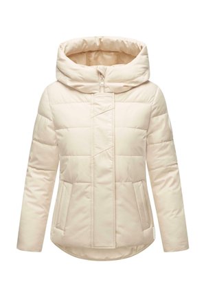 Veste rembourrée crème avec un col haut, une capuche, une fermeture éclair avant et deux poches latérales. Présente un détail de logo subtil sur le panneau avant.