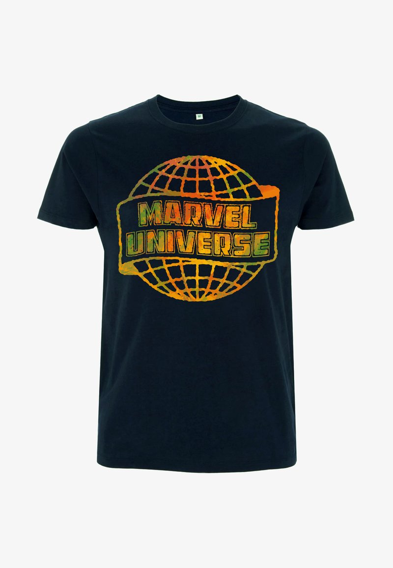 Czarna bawełniana koszulka z kolorowym wzorem globu oraz tekstem "MARVEL UNIVERSE" napisanym dużymi literami. Krótkie rękawy i okrągły dekolt.