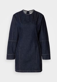 Σκούρο τζιν φόρεμα-τούνα με στρογγυλή λαιμόκοψη, μακριά μανίκια και ορατές ραφές. Διαθέτει πλαϊνές τσέπες και ευθεία σιλουέτα.