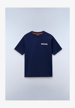 Navy blue short-sleeve T-shirt with white "NAPAPIJRI" text on left chest and orange inner neckline detail.