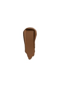 Chocoladebruine verfsticker met een gladde, glanzende textuur. De vorm is langwerpig en taps toelopend met een lichte glans.