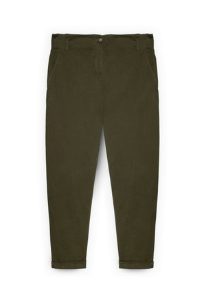 Pantaloni a sigaretta verde oliva con vita elasticizzata, bottone frontale, tasche laterali e orli risvoltati.