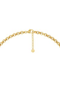 Goudkleurige metalen kettingarmband met afgeronde schakels, een karabijnsluiting en een verstelbare ketting met een klein hangertje.