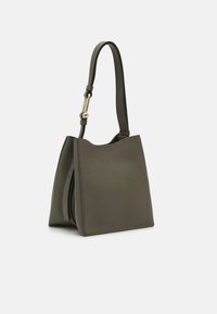 Olive green leather handbag with a structured shape, a single strap, and a gold hardware accent. Textured surface with a smooth finish.