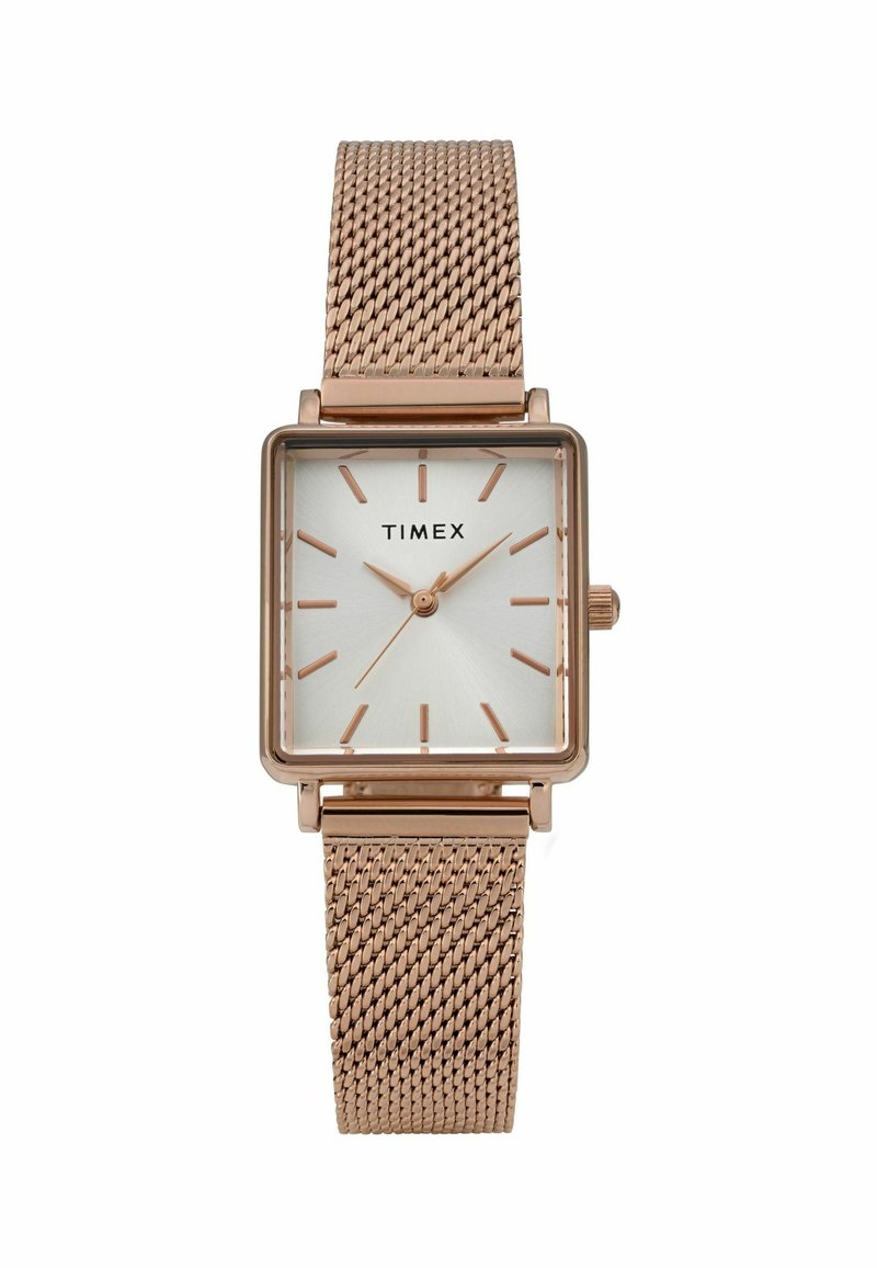 Timex rechteckige Uhr mit silbernem Zifferblatt, rosefarbenen Akzenten und einem rosefarbenen Metallarmband. Verfügt über einfache Stundenmarkierungen und eine Krone.