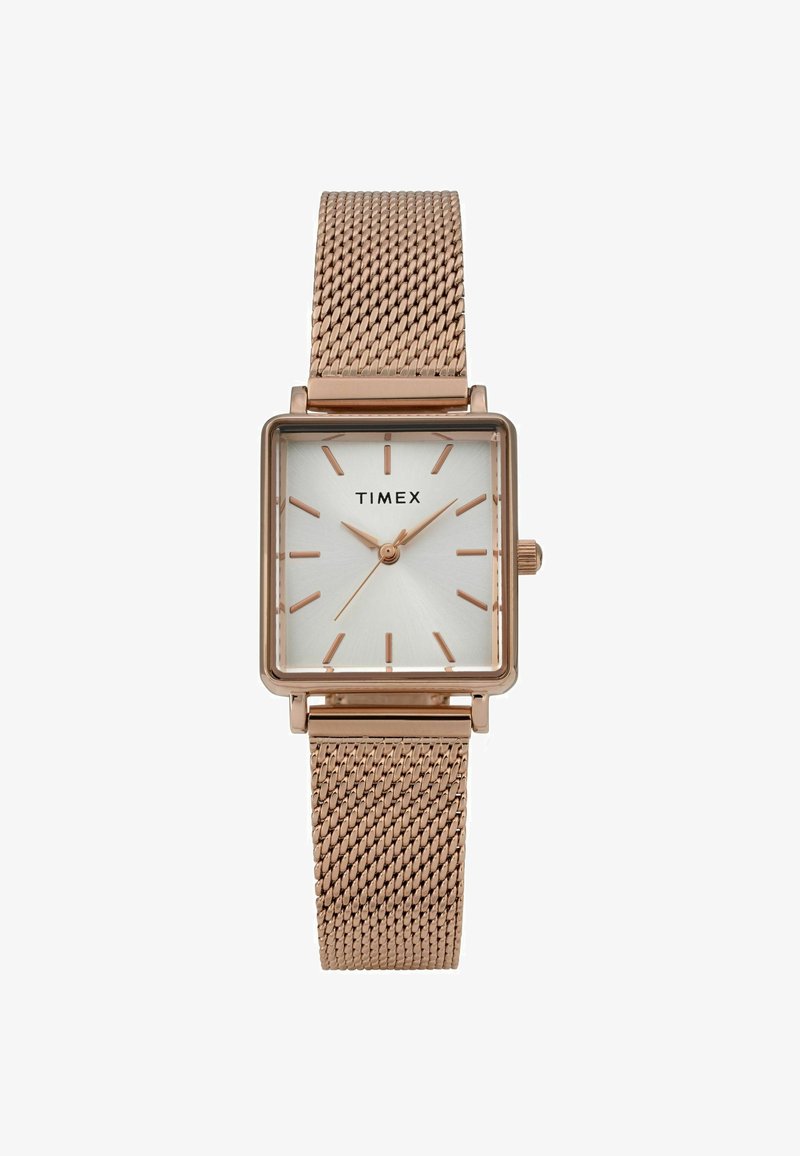 Timex rechteckige Uhr mit silbernem Zifferblatt, rosefarbenen Akzenten und einem rosefarbenen Metallarmband. Verfügt über einfache Stundenmarkierungen und eine Krone.