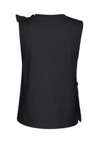 Black sleeveless top with a rounded hem, featuring a bow detail on the left shoulder and a smooth, slightly textured fabric.