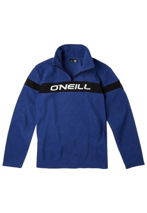 Pull polaire bleu avec col demi-fermeture éclair, bande horizontale noire sur la poitrine et les manches, et logo blanc "O'NEILL" sur la poitrine.