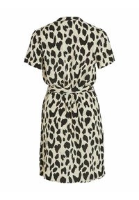 Robe à manches courtes avec motif léopard noir et beige et ceinture assortie à la taille, vue de dos.