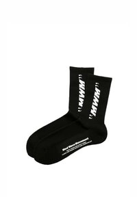 Calcetines negros de algodón con textura acanalada, con gráficos blancos "WWW" en el puño acanalado y logotipo en el pie.