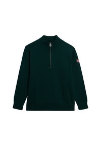 Donkergroen gebreid sweatshirt met een hoge ribbelkraag en een halve rits. Heeft ribbelboorden en een ribbelzoom, met een klein logo-opdruk op de mouw.