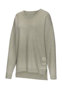 Hellgrüner Oversized-Pullover mit Rundhalsausschnitt, gerippten Bündchen und Saum. Auf der Seite befindet sich der Text "ELB" in einem helleren Farbton.