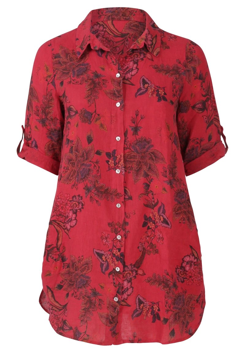 Rotes, floral gemustertes Hemd mit Knöpfen und hochgerollten Ärmeln, aus leichtem Stoff gefertigt, mit dunklen Blumenmustern und abgerundetem Saum.